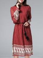 Romwe Burgundy Bell Sleeve Tie-waist Pleated Dress