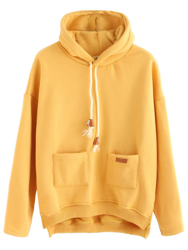 Romwe Yellow Slit Side High Low Hooded Sweatshirt