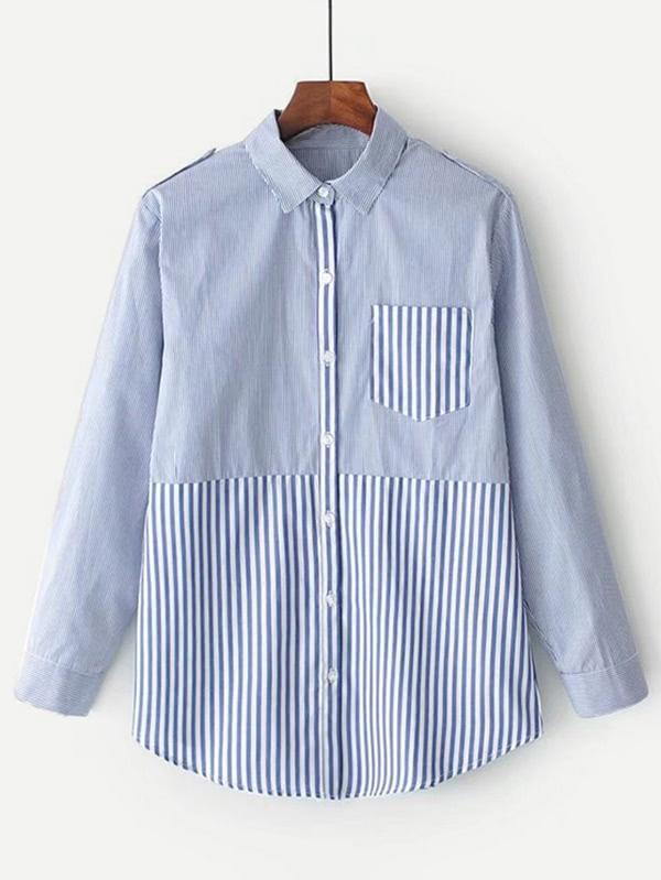 Romwe Curved Hem Striped Epaulet Blouse