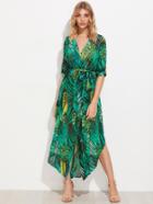 Romwe Allover Palm Leaf Print Curved Hem Shirt Dress