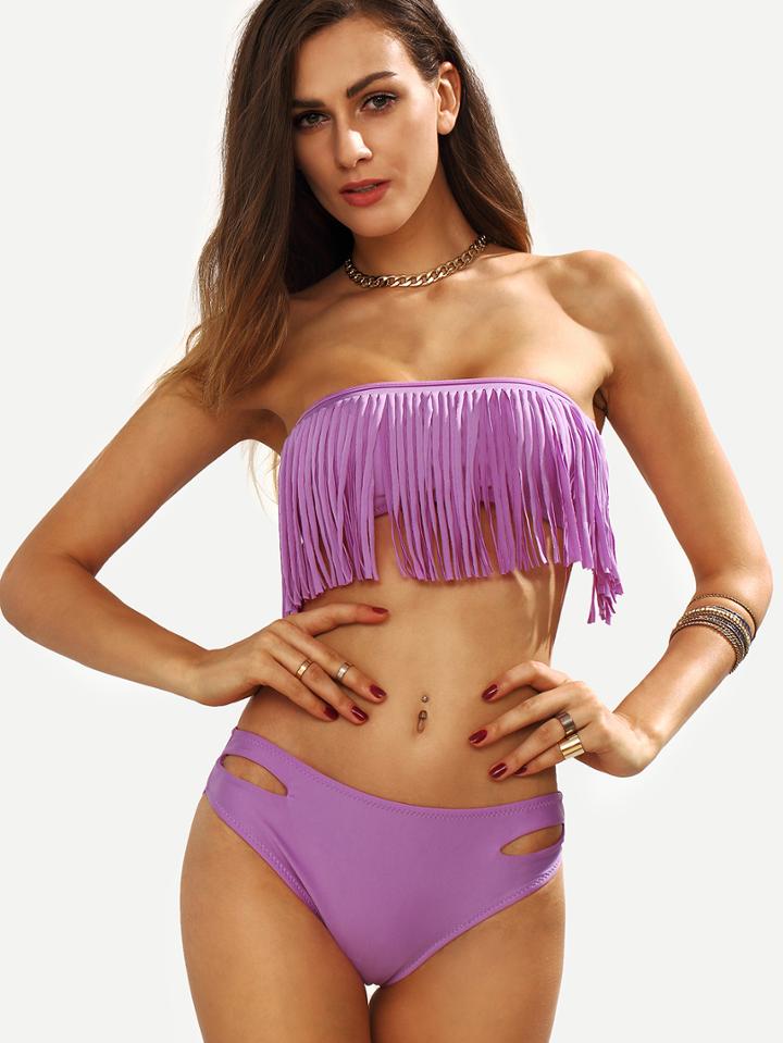 Romwe Purple Cutout Fringe Bandeau Bikini Set