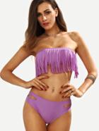 Romwe Purple Cutout Fringe Bandeau Bikini Set