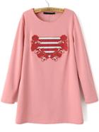 Romwe Pink Long Sleeve Embroidered Loose Dress