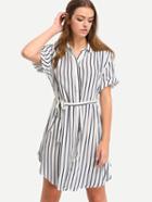 Romwe Black White Striped Bottons Tie Waist Shirt Dress