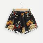 Romwe Pom Pom Trim Floral Shorts