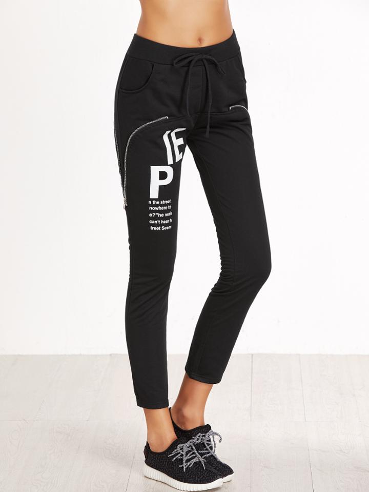 Romwe Black Letter Print Zip Detail Tie Waist Pants