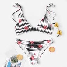 Romwe Random Floral & Striped Self Tie Bikini Set