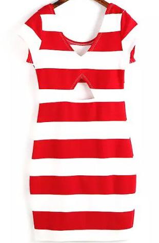 Romwe Striped Cut Out Red Dress