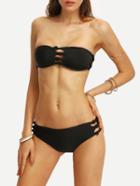 Romwe Knotted Ladder-cutout Bandeau Bikini Set - Black