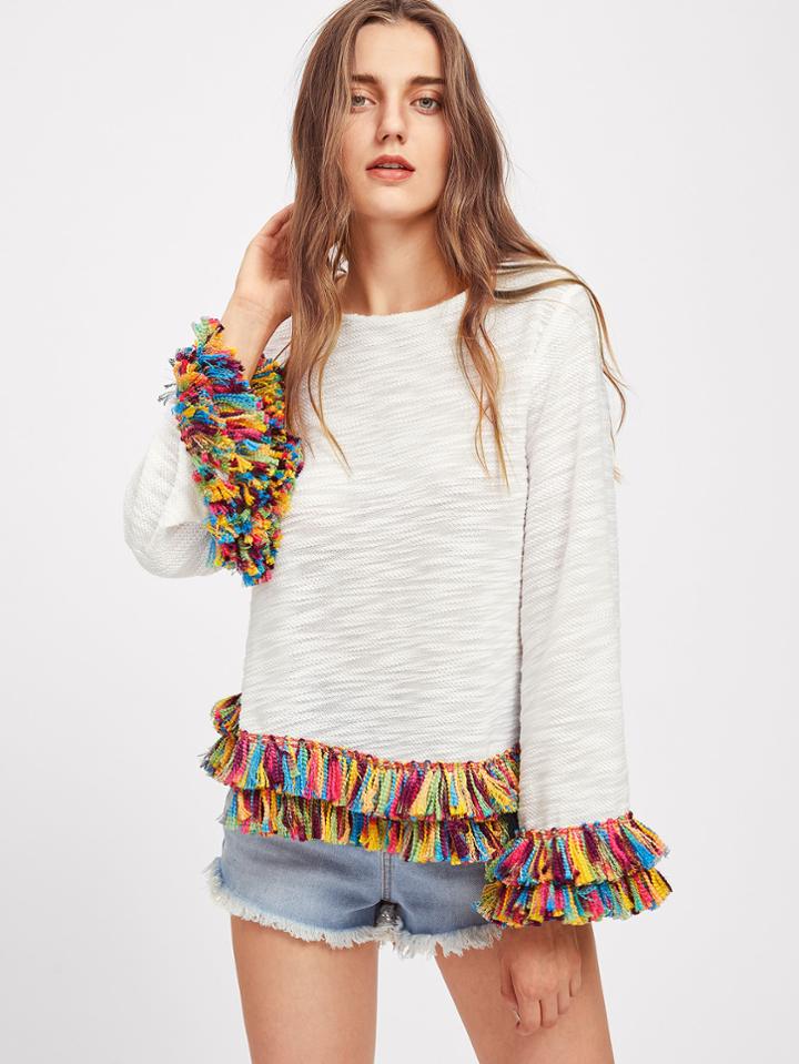 Romwe Colorful Fringe Trim Slub Tee