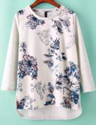 Romwe Round Neck Dip Hem Floral Loose Blouse