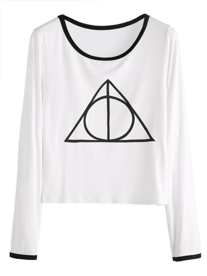 Romwe White Geo Print Ringer Crop T-shirt