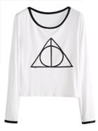 Romwe White Geo Print Ringer Crop T-shirt