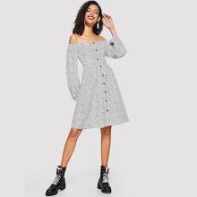 Romwe Button Up Off Shoulder Floral Dress