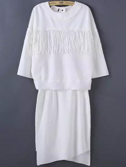 Romwe Round Neck Tassel Top With Asymmetrical White Skirt