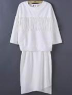 Romwe Round Neck Tassel Top With Asymmetrical White Skirt