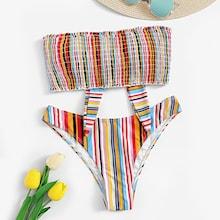 Romwe Frilled Trim Knot Striped Shirred Bikini Set