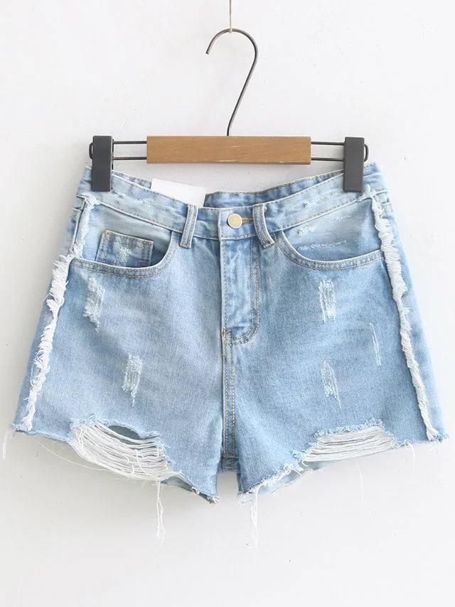 Romwe Blue Ripped Detail Denim Shorts