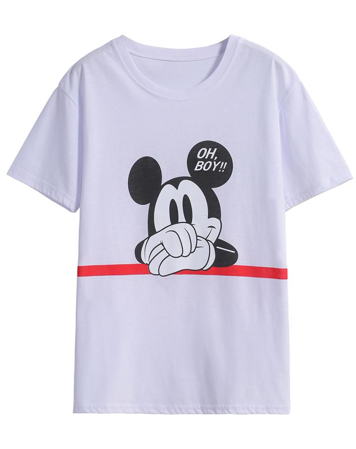 Romwe Mickey Print Loose White T-shirt