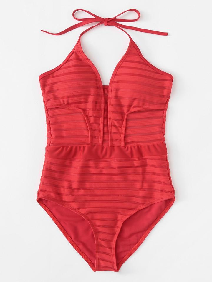 Romwe Striped Halter Swimsuit