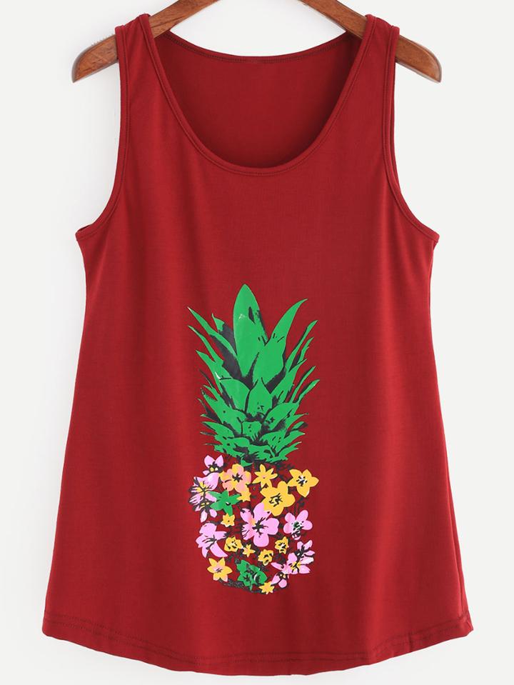 Romwe Burgandy Flower Print Tank Top