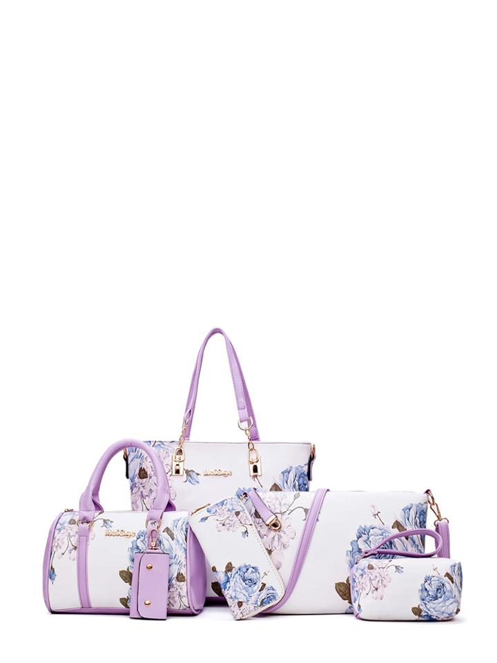 Romwe Florals Faux Leather Bag Set 6pcs