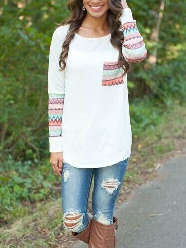 Romwe Long Sleeve Geometric Print Pocket White T-shirt