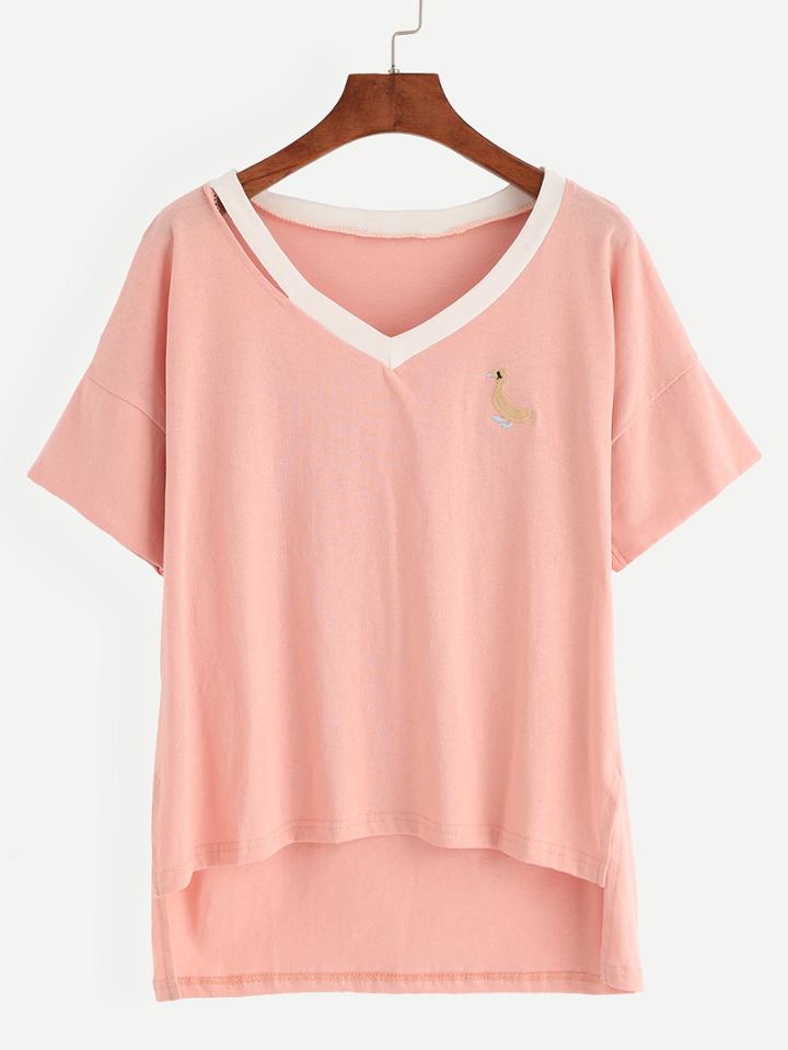 Romwe Pink Cutout Contrast Neck Embroidered T-shirt