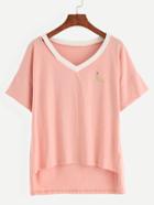 Romwe Pink Cutout Contrast Neck Embroidered T-shirt
