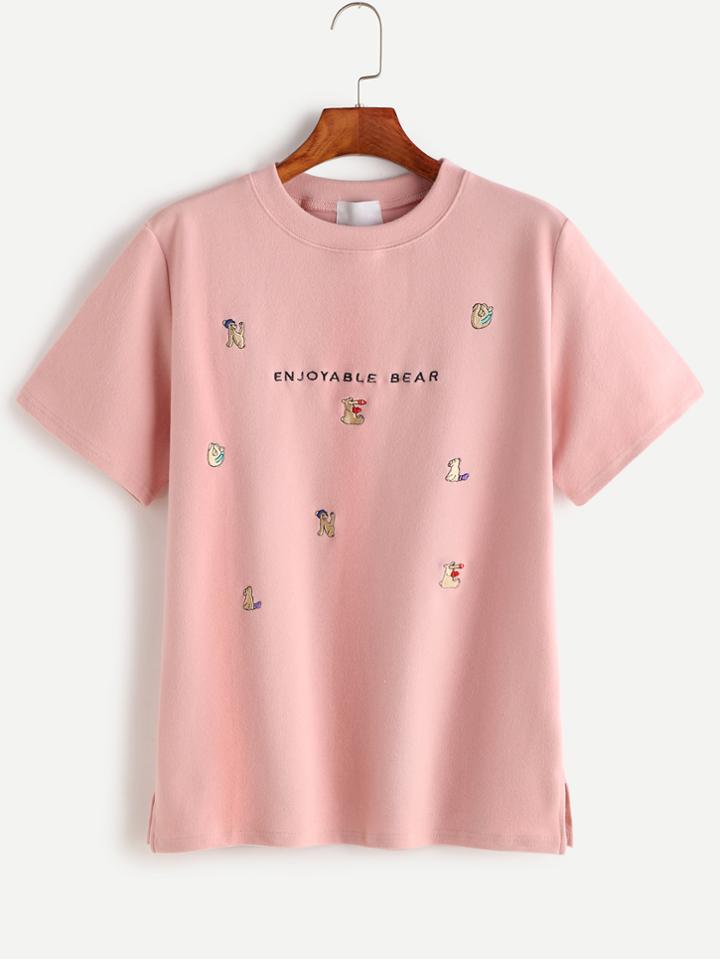 Romwe Pink Bear Embroidery Slit Side T-shirt
