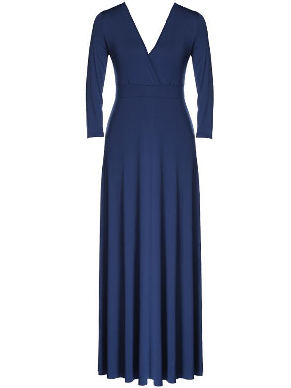 Romwe Deep V Neck Pleated Blue Dress
