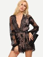 Romwe Black Deep V Neck Sequined Romper With Belt