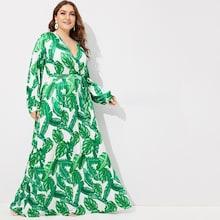 Romwe Plus Tropical Print V-neck Tie Waist Dress