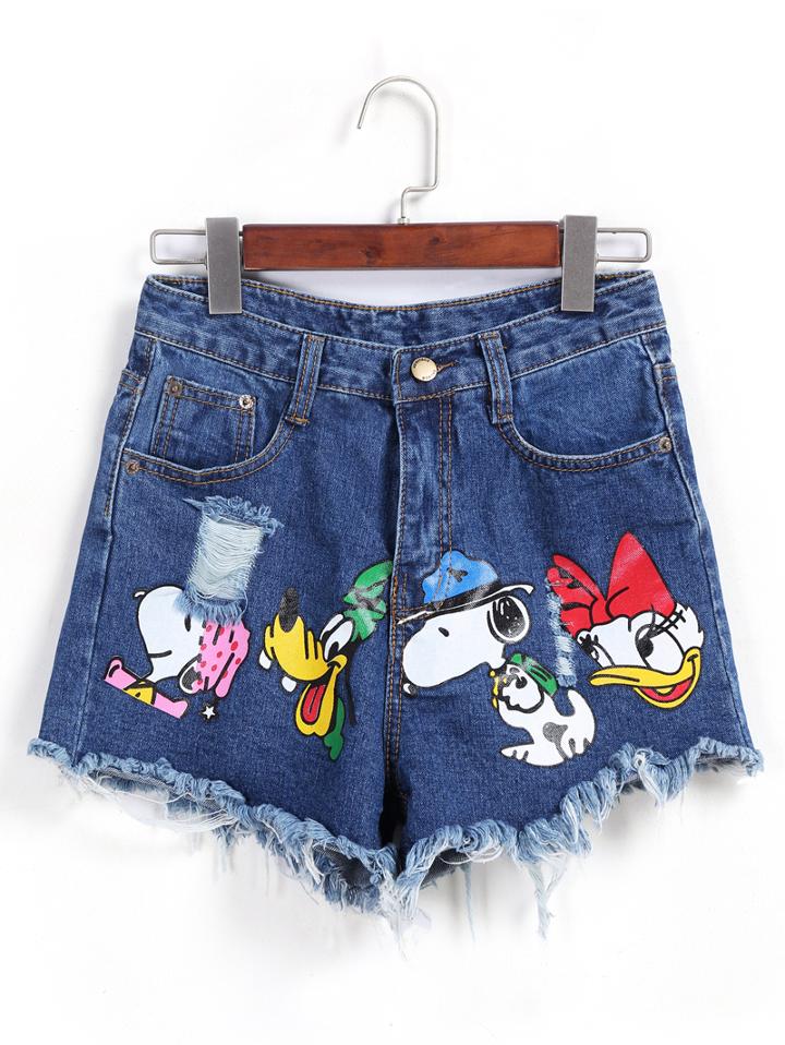 Romwe Ripped Fringe Cartoon Print Denim Shorts