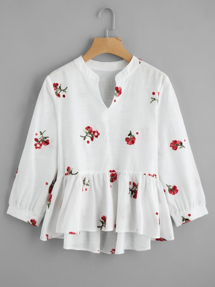 Romwe Ditsy Embroidery Dip Hem Smock Top