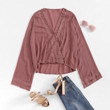 Romwe Lace Panel Dip Hem Blouse