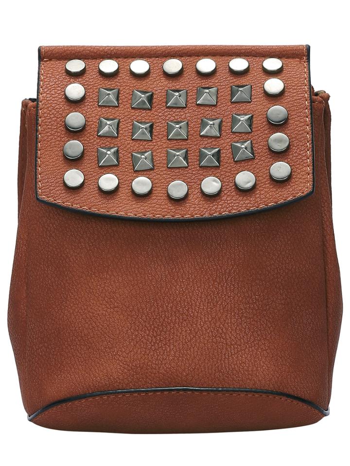 Romwe Brown Rivets Pu Satchel Bag