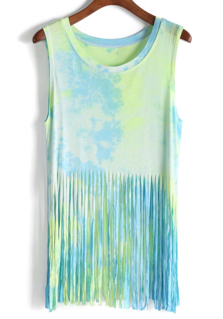 Romwe With Tassel Ombre Green Tank Top
