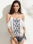 Romwe Cold Shoulder Embroidered Crochet Blouse