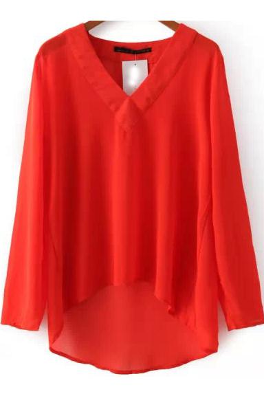 Romwe Red V Neck Long Sleeve Blouse
