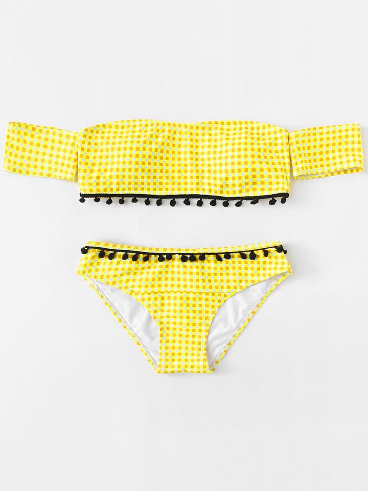 Romwe Pompom Embellished Plaid Bikini Set