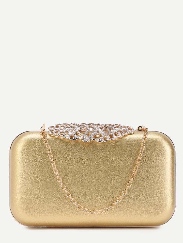 Romwe Golden  Pu Crystal Shell Trim Evening Bag