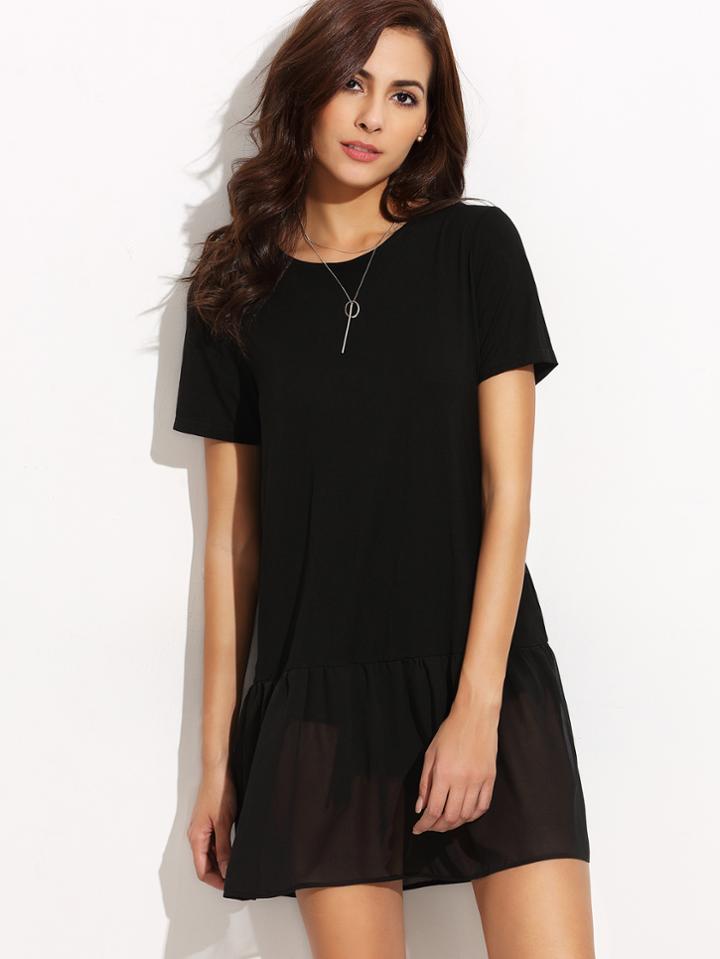 Romwe Black Chiffon Trim T-shirt