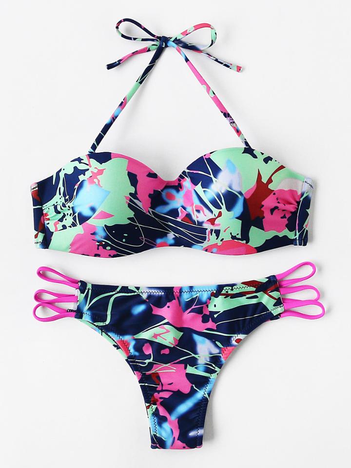 Romwe Graphic Print Ladder Cutout Halter Bikini Set
