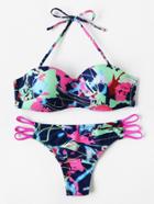 Romwe Graphic Print Ladder Cutout Halter Bikini Set