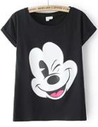 Romwe Mickey Print Loose Black T-shirt