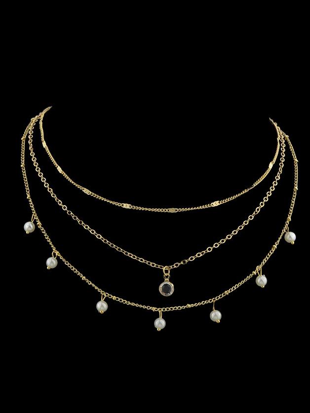 Romwe Gold Pearl Rhinestone Multi-layered Clavicle Necklace