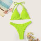 Romwe Neon Lime Smocked High Cut Bikini Set