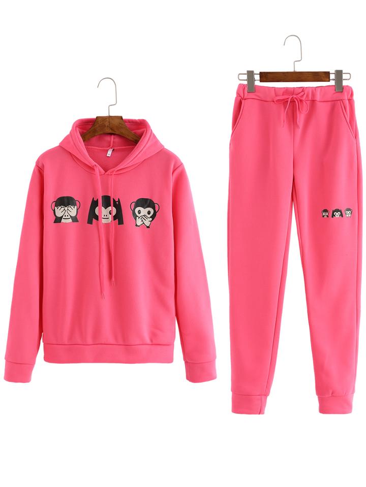 Romwe Hooded Drawstring Cartoon Print Sweatshirt With Elastic Waist Pant