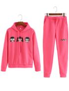 Romwe Hooded Drawstring Cartoon Print Sweatshirt With Elastic Waist Pant